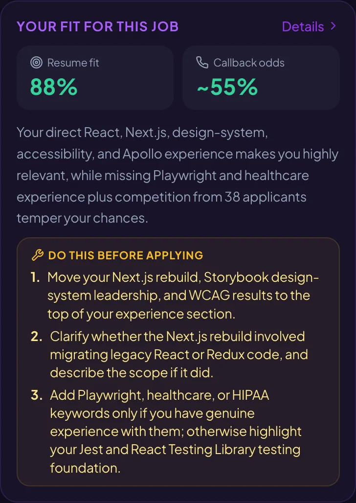 Your fit for this job: 92% resume fit, about 56% callback odds, and three things to fix before applying.