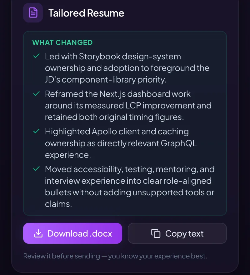 Tailored resume: what changed, with Download .docx and Copy text buttons.