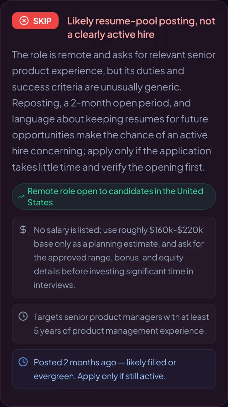 Verdiq verdict: Skip. Reposted, vague role with substantial ghost-job risk.